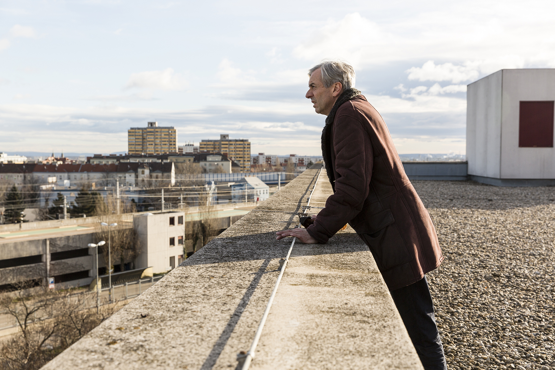 Ernst J. Fuchs on top of the roof at Kempelengasse